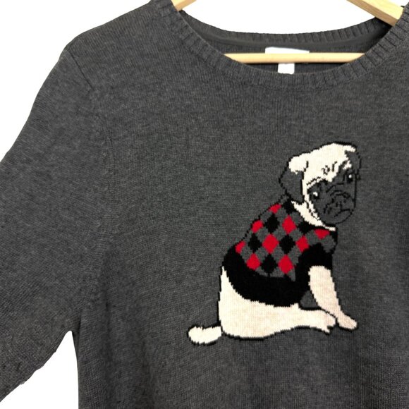 Charter Club Women’s Pug Dog Knit Sweater Sz XL Cotton Blend Gray Long Sleeves - Picture 5 of 9